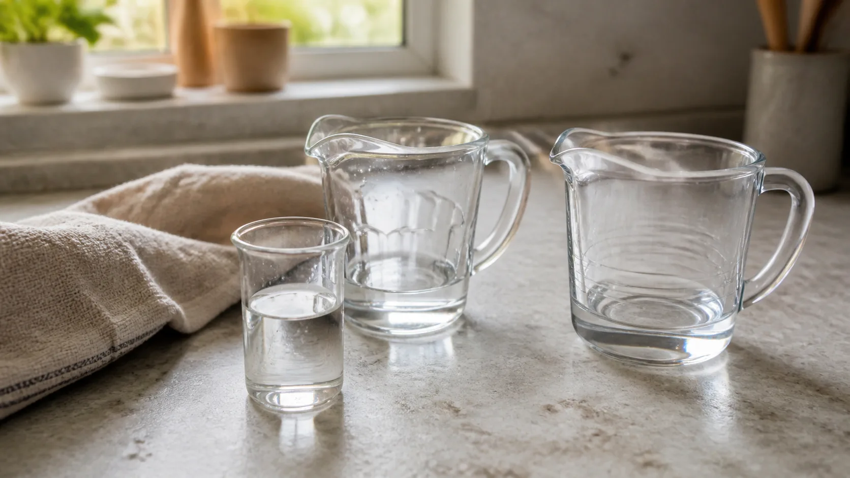 A small glass of water beside two unbranded glass measuring jugs on a kitchen counter