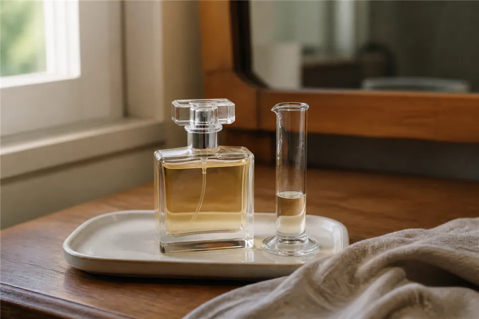 An unbranded perfume bottle beside a small glass measuring cylinder