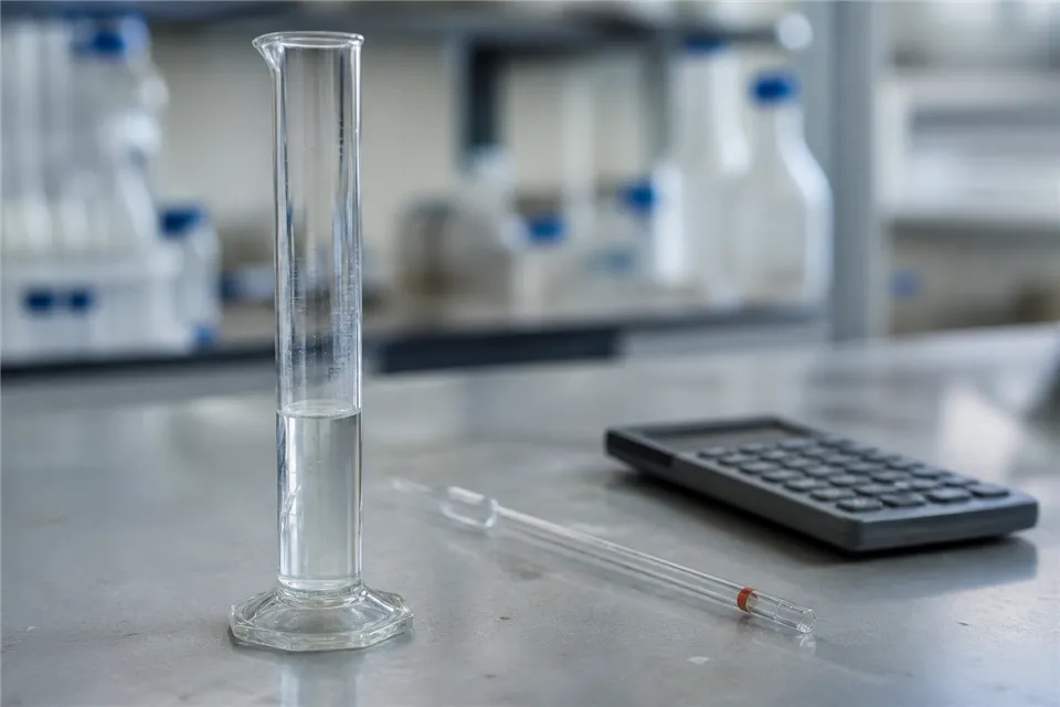 A glass graduated cylinder, pipette, and unbranded calculator on a laboratory bench