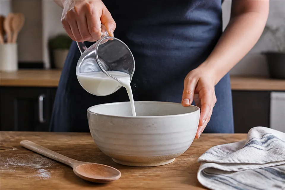 Hands pour a measured amount of milk from a glass jug into a mixing bowl