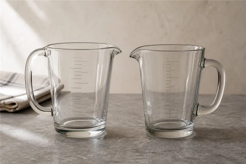 Two clear glass measuring jugs with differently spaced etched tick marks
