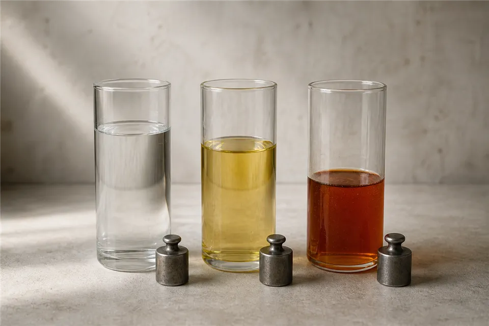 Matching glass cylinders hold water, cooking oil, and honey at different levels beside equal metal weights