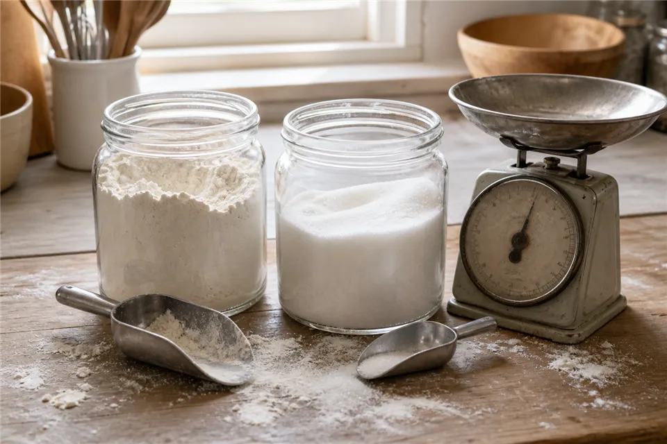 Open jars of flour and sugar beside an analog kitchen scale and metal scoops