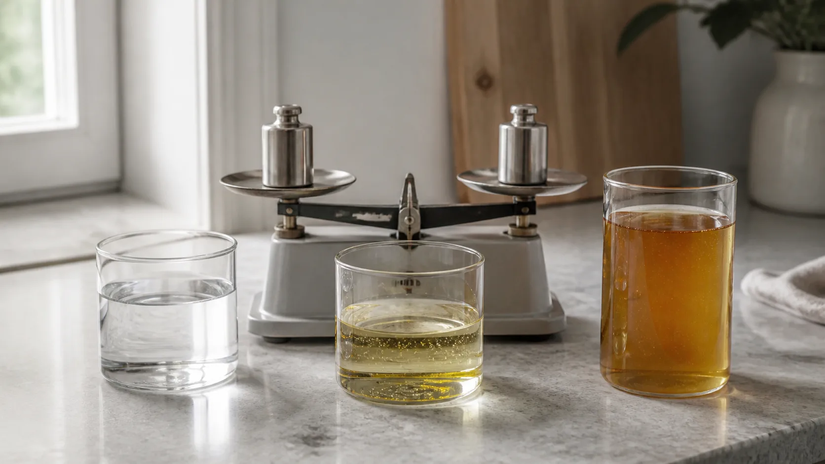 Water, oil, and honey in glass vessels beside a mechanical balance