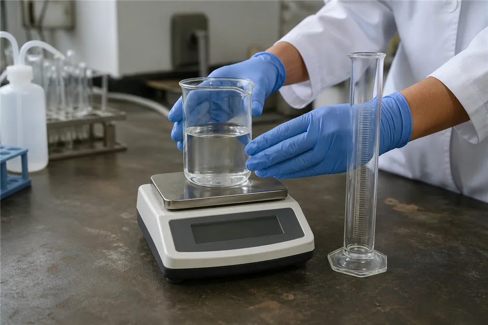 Gloved hands place a beaker on a blank laboratory balance beside a graduated cylinder