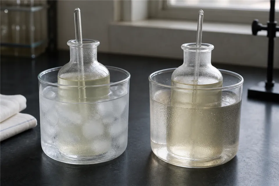 Matching glass vessels sit in cool and warm water baths with unlabeled glass thermometers