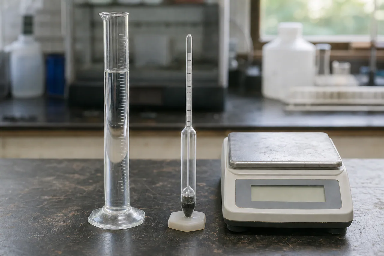 An unlabeled graduated cylinder, hydrometer, and blank laboratory balance used for density measurement