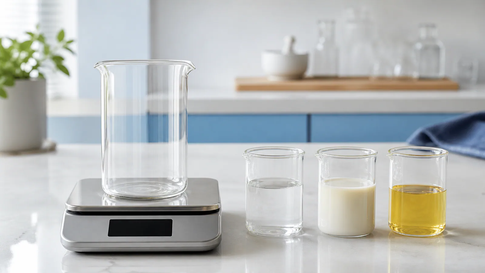 Unlabeled glass vessels of water, milk, and cooking oil beside a measuring vessel on a scale