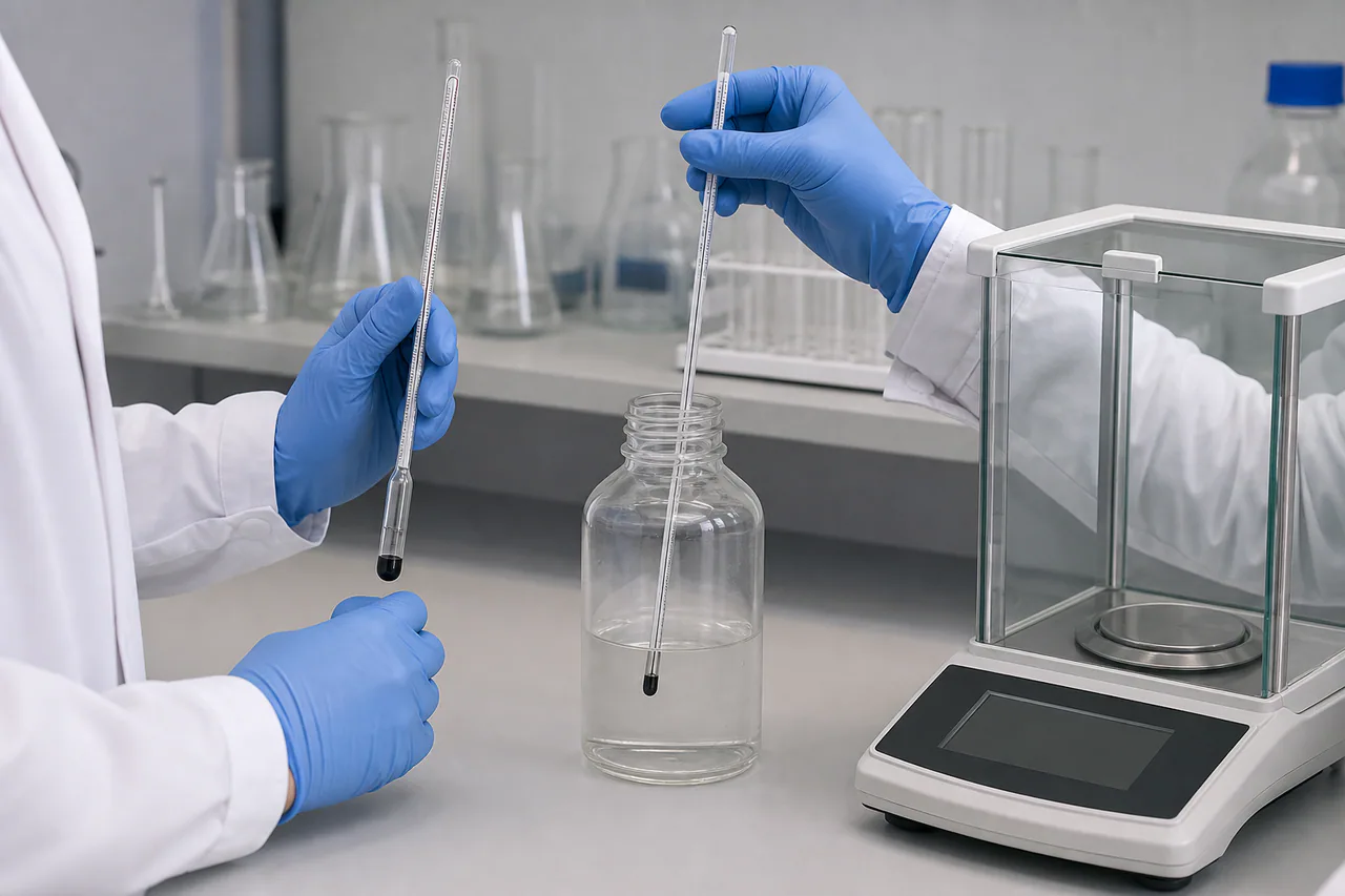 A laboratory technician checks unlabelled temperature and density instruments beside a blank precision balance