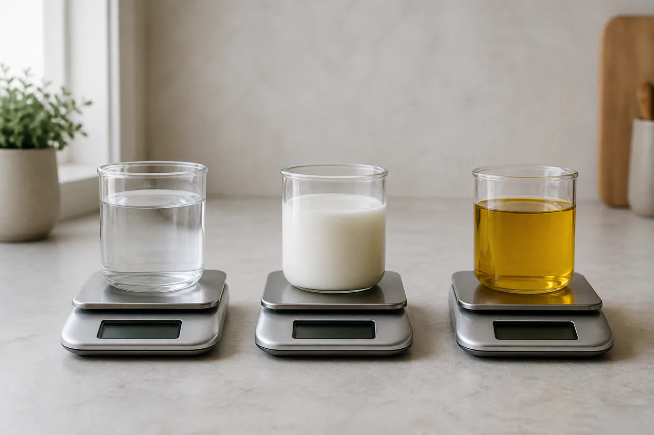 Matching glass vessels of water, milk, and cooking oil resting on blank digital scales
