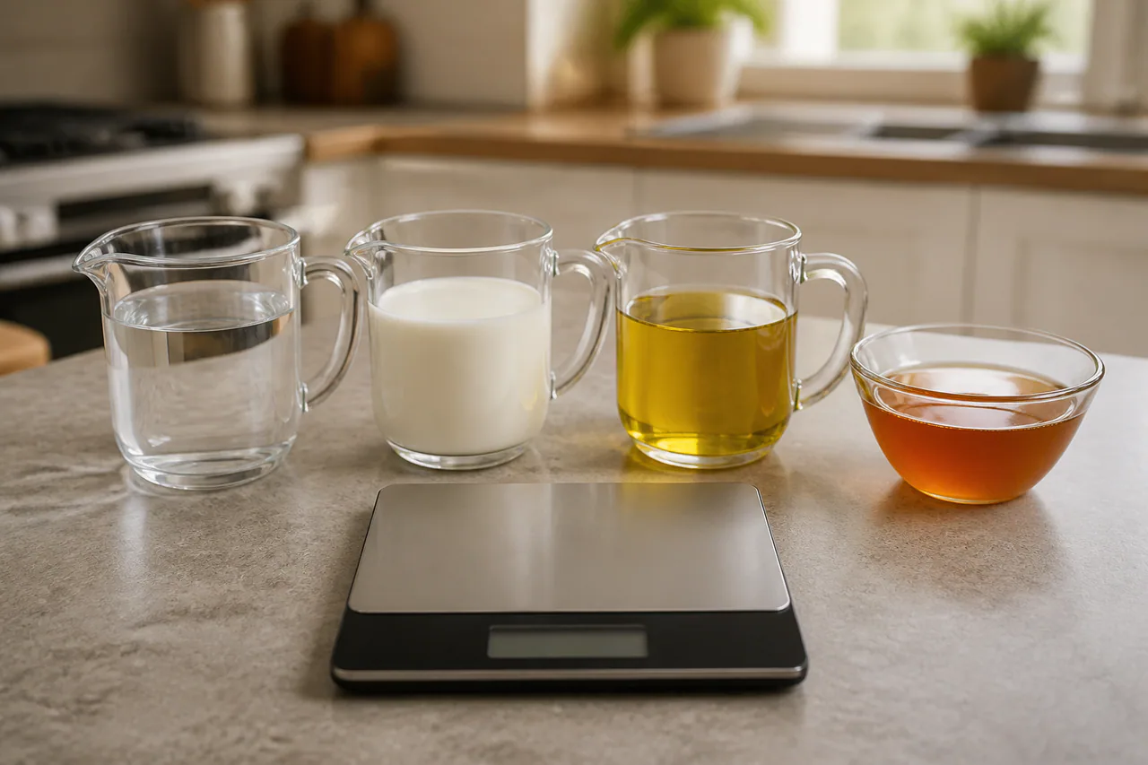 Unlabeled vessels of water, milk, cooking oil, and honey beside a blank kitchen scale