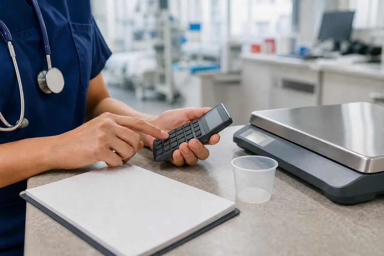 A clinician uses an unlabeled calculator beside a blank notebook, measuring cup, and scale