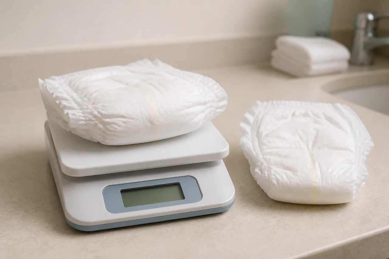 A clean unused infant diaper on a blank digital scale beside a second dry diaper