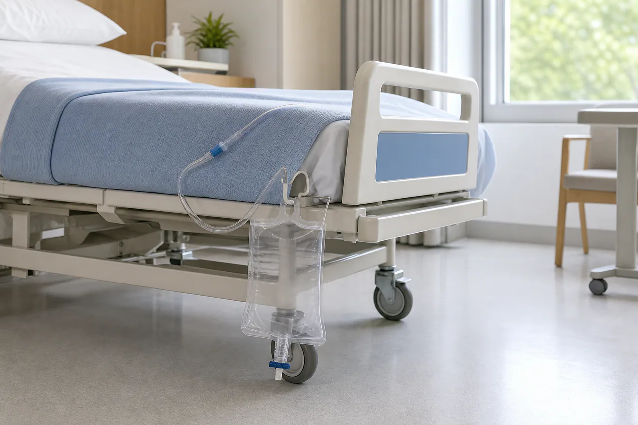 An empty urinary drainage bag positioned below a neatly made hospital bed