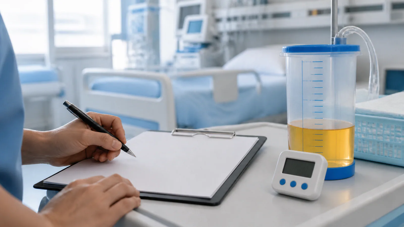 A clinician records a measurement beside an unlabeled urine collection container and timer