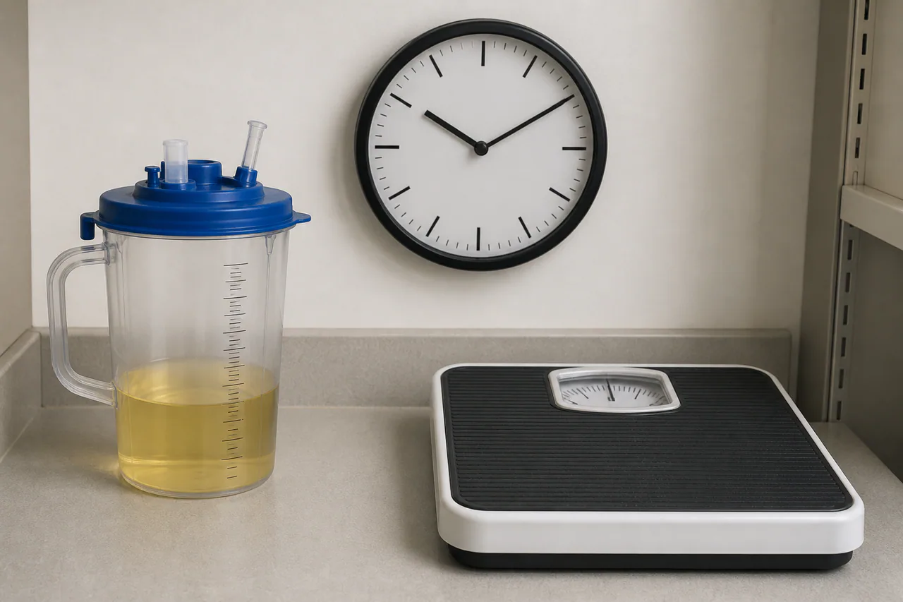 An unlabeled collection jug, analog clock, and body-weight scale arranged for urine-output measurement